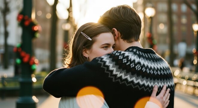 Couple embracing outdoors, golden hour
