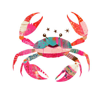 a whimsical and funky crab for cancer zodiac sign, oversized pincers, colorful segmented shell in pinks and reds, cheerful expression with star accents on claws, minimal outlines