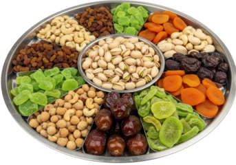 Assorted nuts and dried fruits arranged on a segmented silver platter for a healthy snack choice on transparent background
