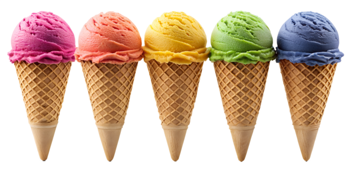 Colorful Ice Cream Cones in a Row on Transparent Background