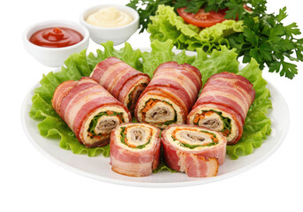 A plate of bacon wrapped rolls with lettuce, ketchup, and mayonnaise ready to be served fresh on transparent background