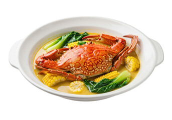 A delightful crab dish with corn and bok choy in a creamy broth served in a white bowl dishware on transparent background