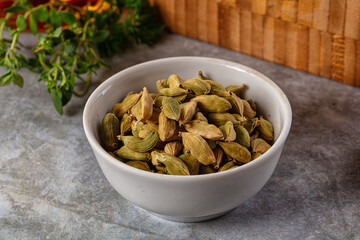 Green dry cardamom heap spices aroma