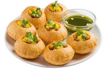 A plate of panipuri with filling and cilantro garnish served with a green dipping sauce on a white plate on transparent background