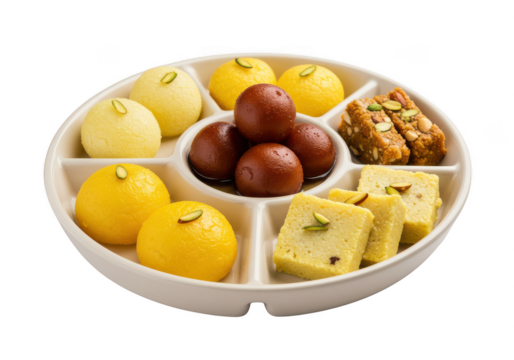 Assortment of colorful and delicious sweets displayed on a partitioned serving platter for sharing on transparent background