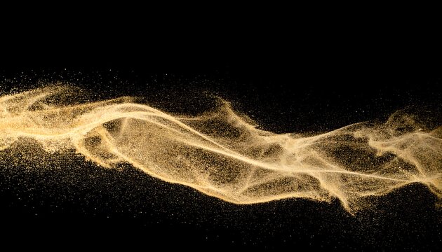 Golden Sand Stream: Ethereal Wave of Glittering Particles Against Black Backdrop