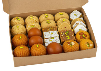 Assorted indian sweets arranged neatly in a cardboard box ready for gifting and festive celebrations on transparent background
