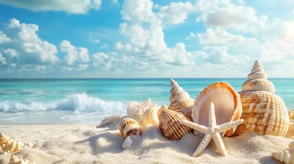 Scenic seaside photo with a collection of seashells and a starfish on a sandy beach