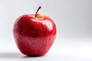 A vibrant red apple glistens with moisture, showcasing its freshness against a clean, white background.