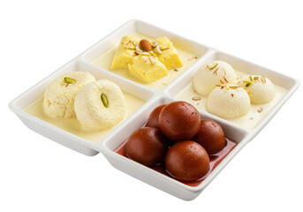 Assorted indian sweets in a white partitioned dish with gulab jamun and rasmalai delicacies arranged on transparent background