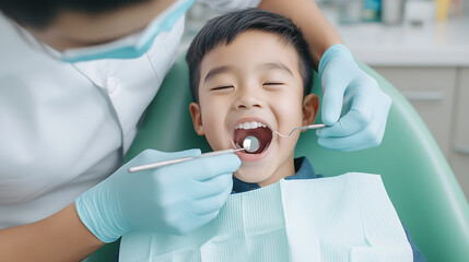 Child dental checkup: Young boy smiles during his dental exam. The dentist uses tools for examination and oral health.