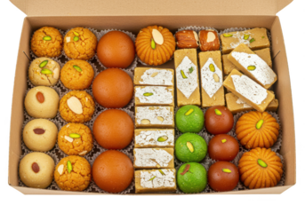 Assorted sweets in a cardboard container featuring various colors and textures arranged neatly inside the box on transparent background