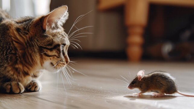 The house cat sneaks up and looks at the mouse on the floor. The cat and the mouse look at each other.