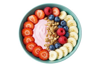 A teal bowl filled with pink yogurt, granola, strawberries, raspberries, blueberries, and bananas on transparent background