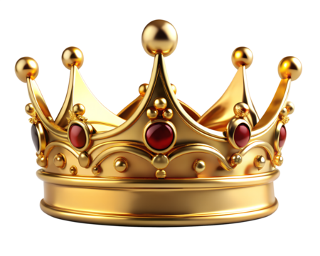 A golden crown adorned with red jewels isolated on transparent background