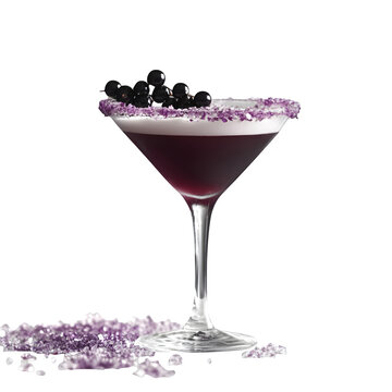 black currant juice with lavender foam in a triangular glass with crushed crystal candy rim on white