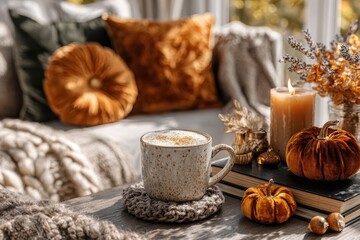 Fototapeta premium Warm latte, velvet pumpkins, and lit candle create a cozy autumn ambiance.