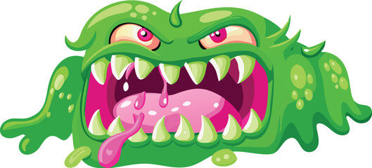 Obraz premium A funny green monster character with a big red mouth and cartoon teeth smiles with a healthy pink tongue