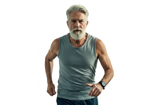 Fit senior man running isolated on transparent background