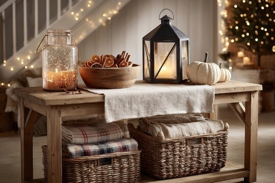 Cozy autumn console table decor with glowing candles and warm plaid throws.