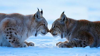 Fototapeta premium Two lynx cats nuzzle noses in a tender winter moment surrounded by soft snow