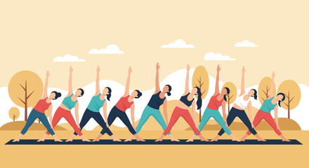 Obraz premium Group Yoga Session In Nature Park Triangle Pose Well Being Lifestyle