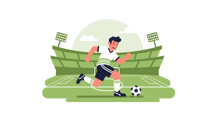 Fototapeta premium Illustration of a soccer player dribbling the ball on a soccer field with stadium backdrop