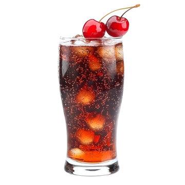 cherry cola-style soda in a tall clean glass, with neon glow cherries and fizz overflow, isolated on white