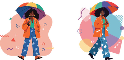 Woman wearing orange jacket and star patterned pants holding colorful umbrella in cheerful rainy day vector illustration
