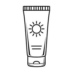Obraz premium Line drawing of a sunscreen tube with a sun symbol, isolated on white background