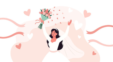Happy bride throwing flower bouquet, joyful wedding celebration illustration