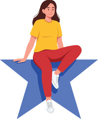 Fototapeta premium Woman sitting relaxed on blue star shape casual clothing modern vector design illustration