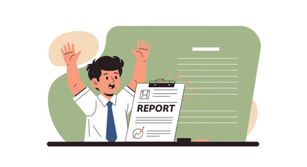 Frustrated student receives a bad report, expressing disappointment and frustration with arms raised