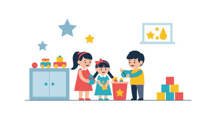 Obraz premium Happy Children Playing Together In A Playroom Full Of Toys And Stars