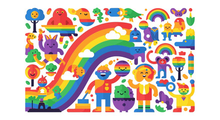 Naklejka premium Happy Colorful Cartoon Characters And Rainbow, Decorative Background, Vector Illustration