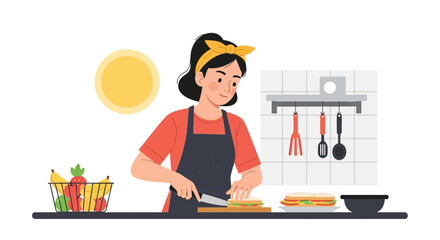 Illustration of a woman preparing a sandwich in the kitchen with fresh produce in the background creating a healthy lifestyle concept