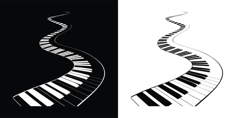 A winding path formed by piano keyboard keys, depicted in both positive and negative black and white versions against contrasting backgrounds