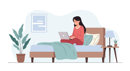 Illustration of a woman working on a laptop in her bedroom, promoting work from home lifestyle