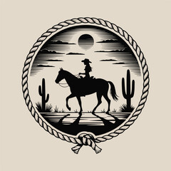 Silhouette of a cowboy riding a horse in the desert with cacti and a rope border