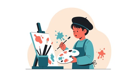 Illustration of a young artist painting on canvas with colorful splatters around painting on canvas and wearing a beret