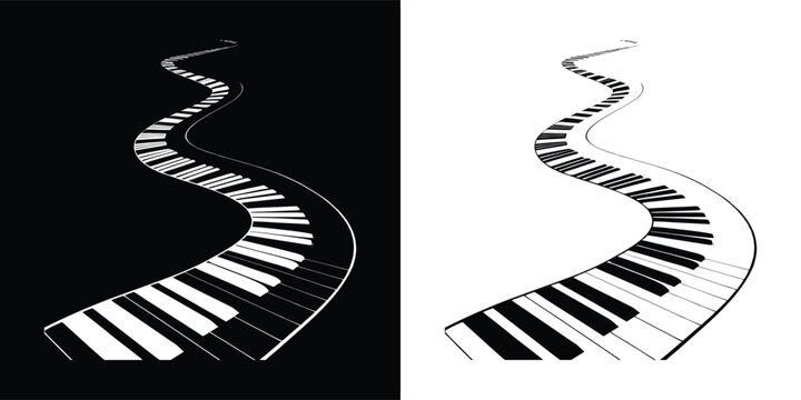 A winding path formed by piano keyboard keys, depicted in both positive and negative black and white versions against contrasting backgrounds