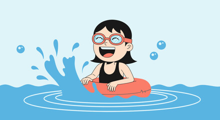 Naklejka premium Happy Girl In Swimming Pool With Goggles Enjoying Summer Vacation