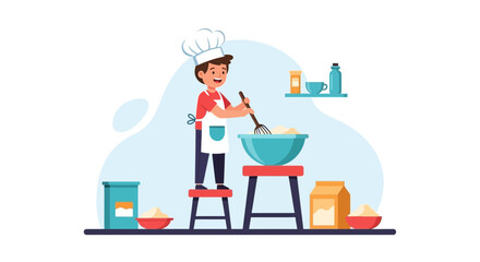 Illustration of a young chef cooking with a whisk in a bowl standing on stools for baking
