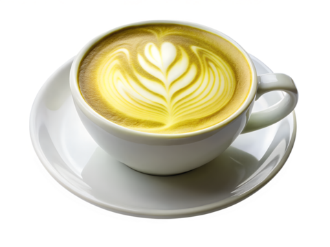 Green tea latte with heart pattern art in a white cup and saucer isolated on transparent background