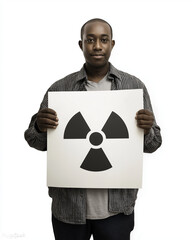 Black man holding radiation symbol sign promoting nuclear disarmament  