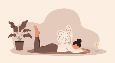 Girl Meditates with Fairy Wings, Calming Ritual Before Sleep, Candle Lights