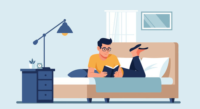 Illustration of a young man reading a book in bed with a lamp and bedside table creating a cozy scene - Powered by Adobe