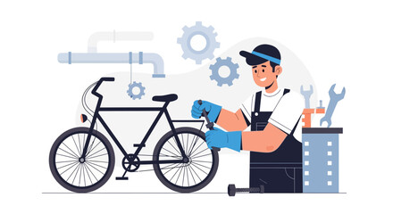 Happy Mechanic Repairing Bicycle Flat Vector Illustration Design Template
