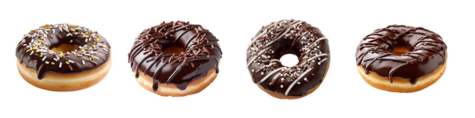  Set of Chocolate Glazed Donuts with Colorful Sprinkles and Icing isolated on transparent Background