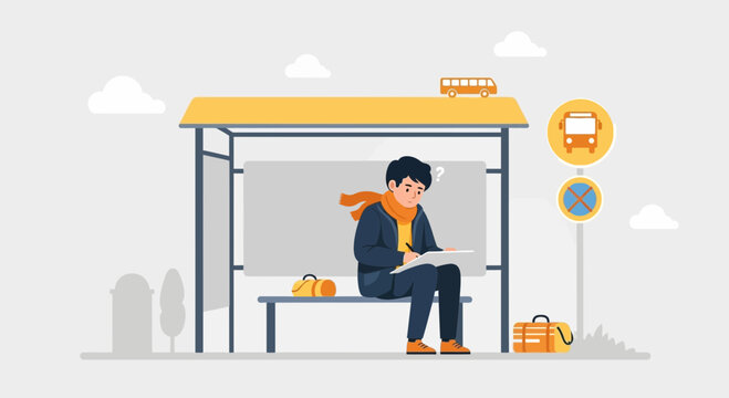 Illustration of a young man waiting at a bus stop, drawing on a notepad with a thoughtful expression on his face